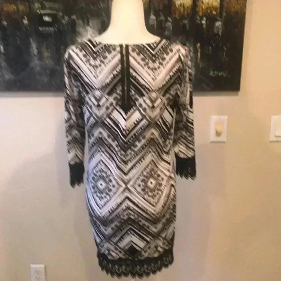 Alfani Petite Geometric Design Lace Trim Exposed Zipper Back Dress-PM - Picture 3 of 9